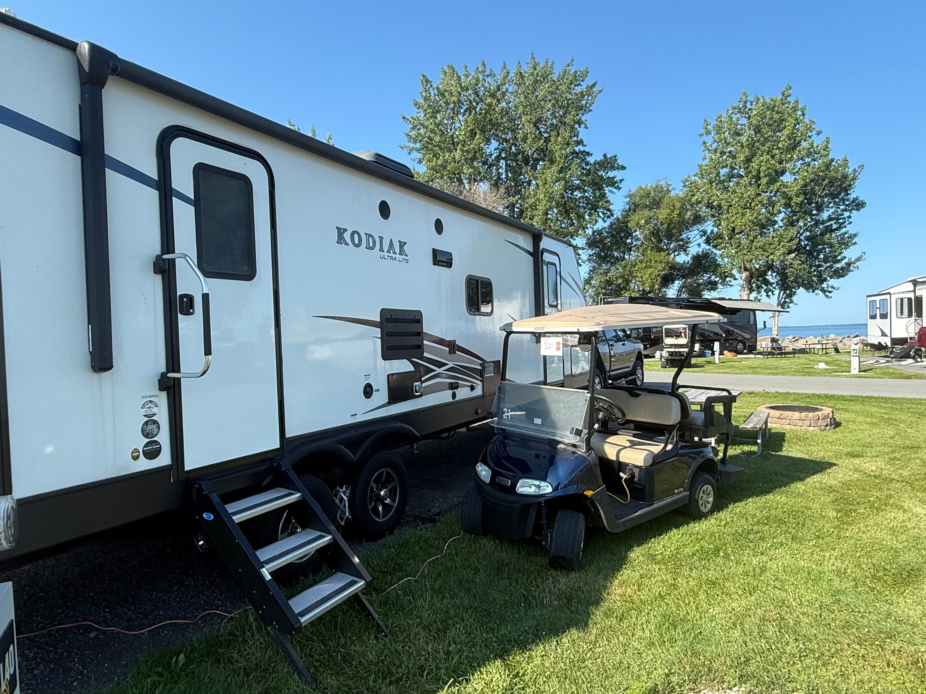 Kodiak & Golf Cart at Our Lakeside Campsite