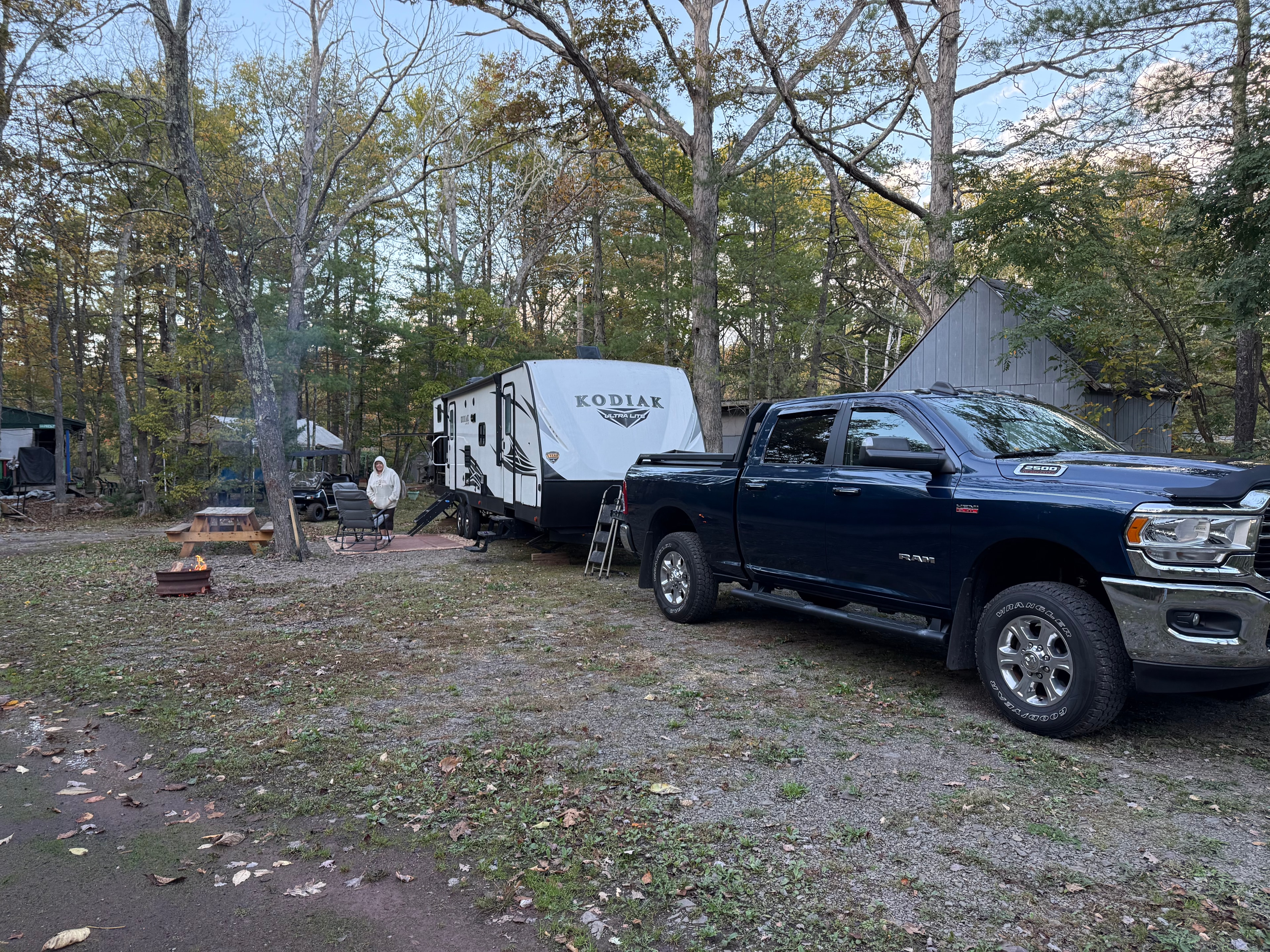 Campsite with fire pit going