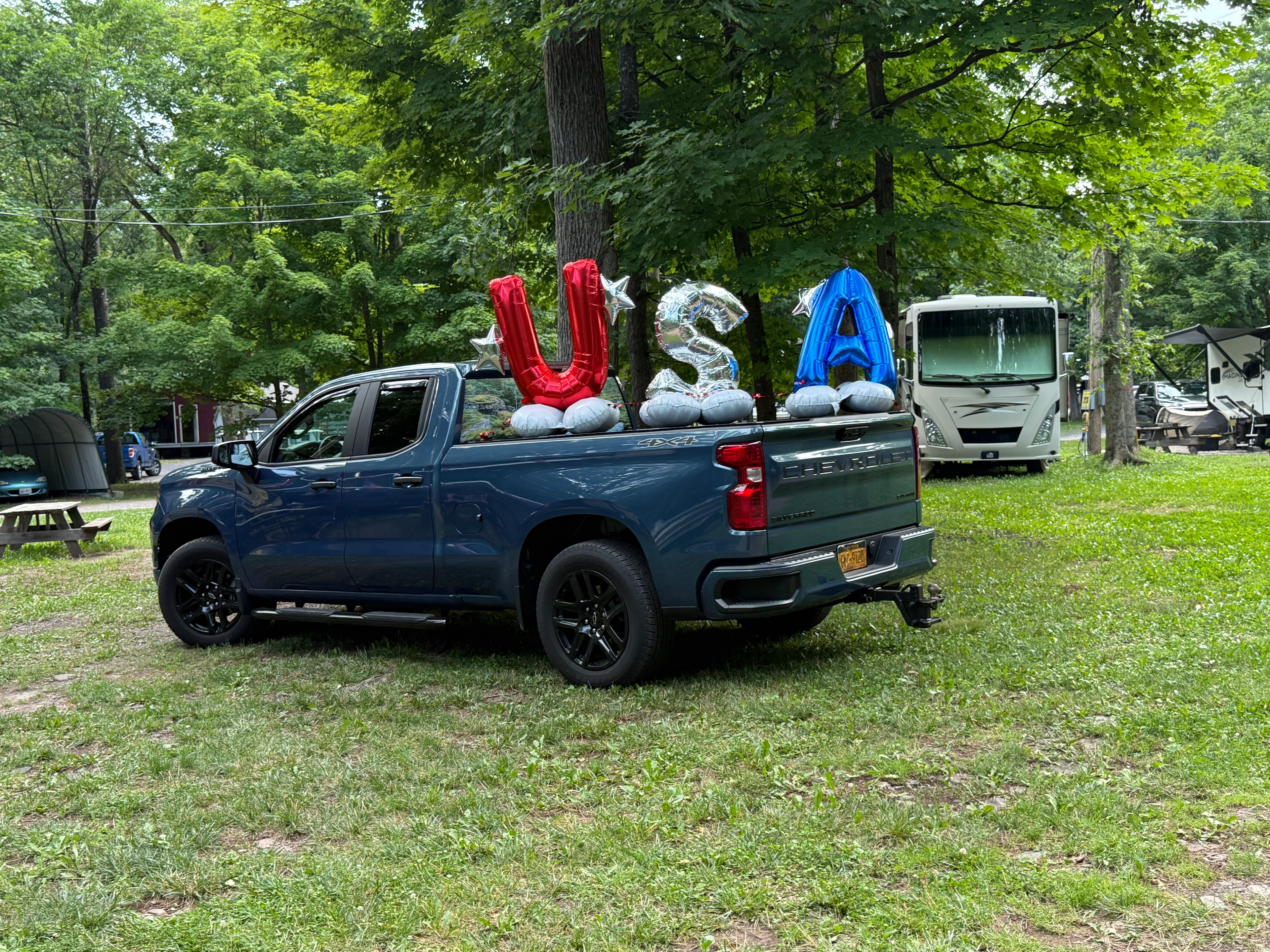 Chevy truck with USA balloon letters