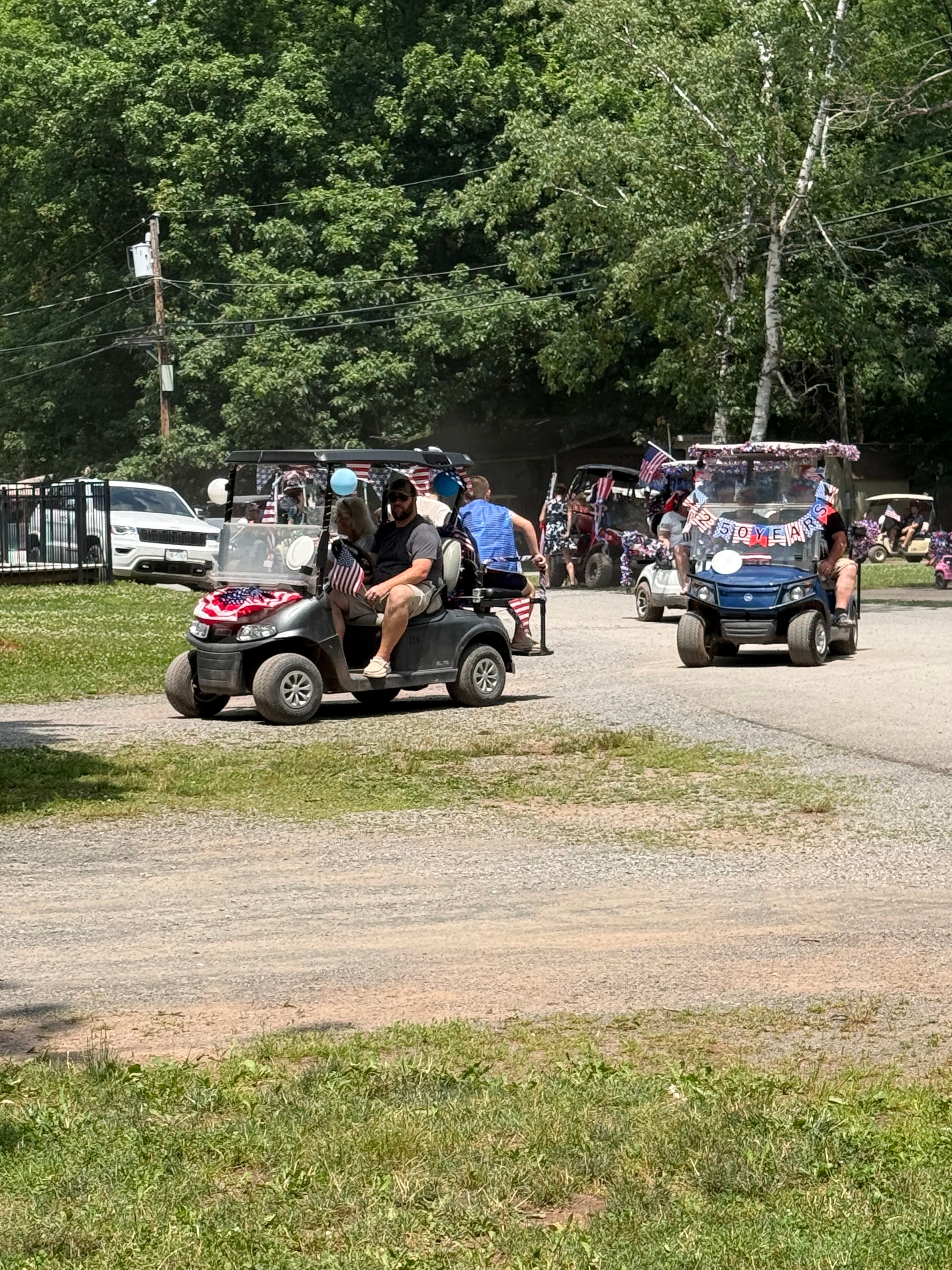 Line of patriotic golf carts in the parade