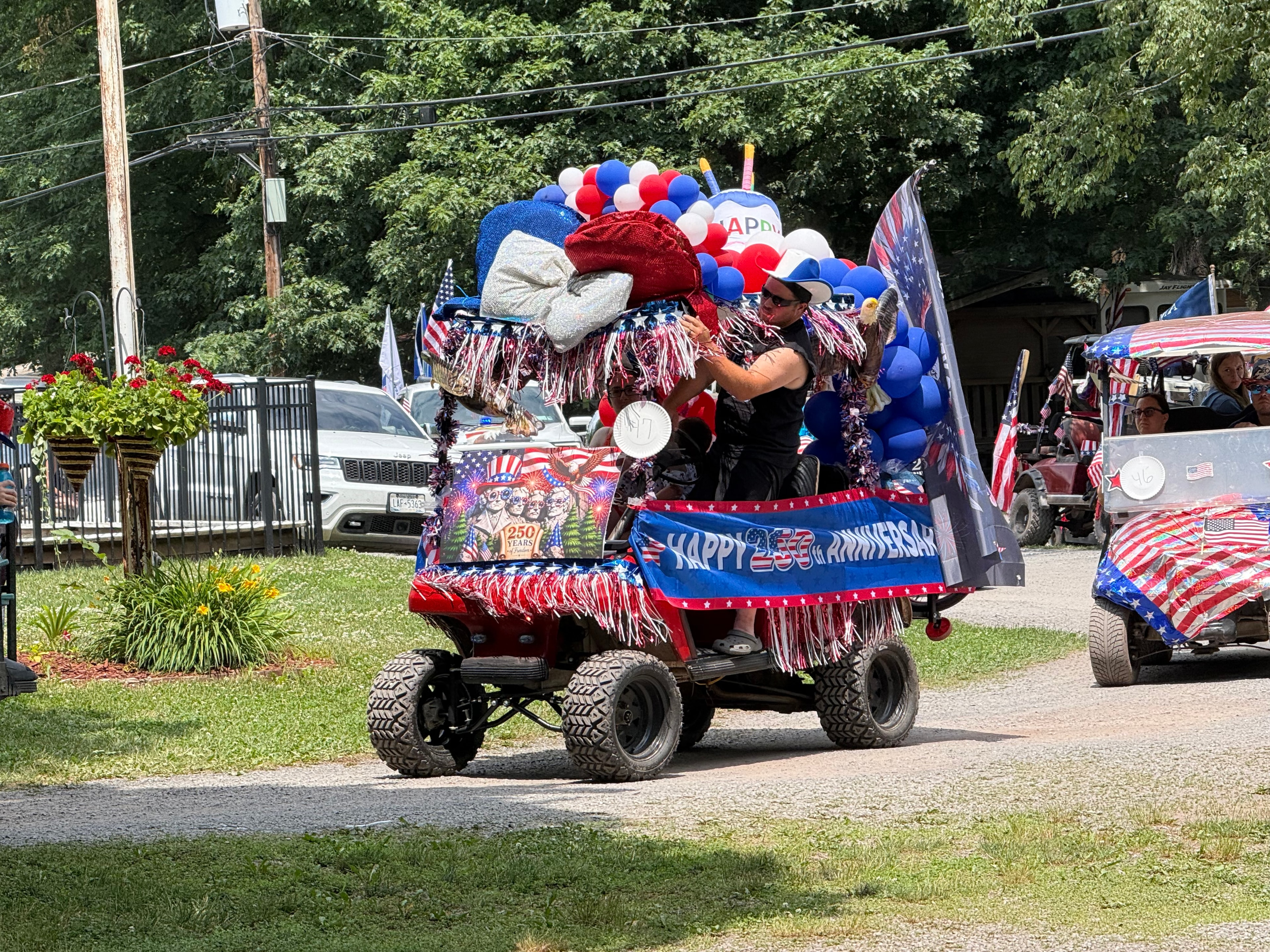 Happy 250th Anniversary cart — fully loaded with balloons & fringe