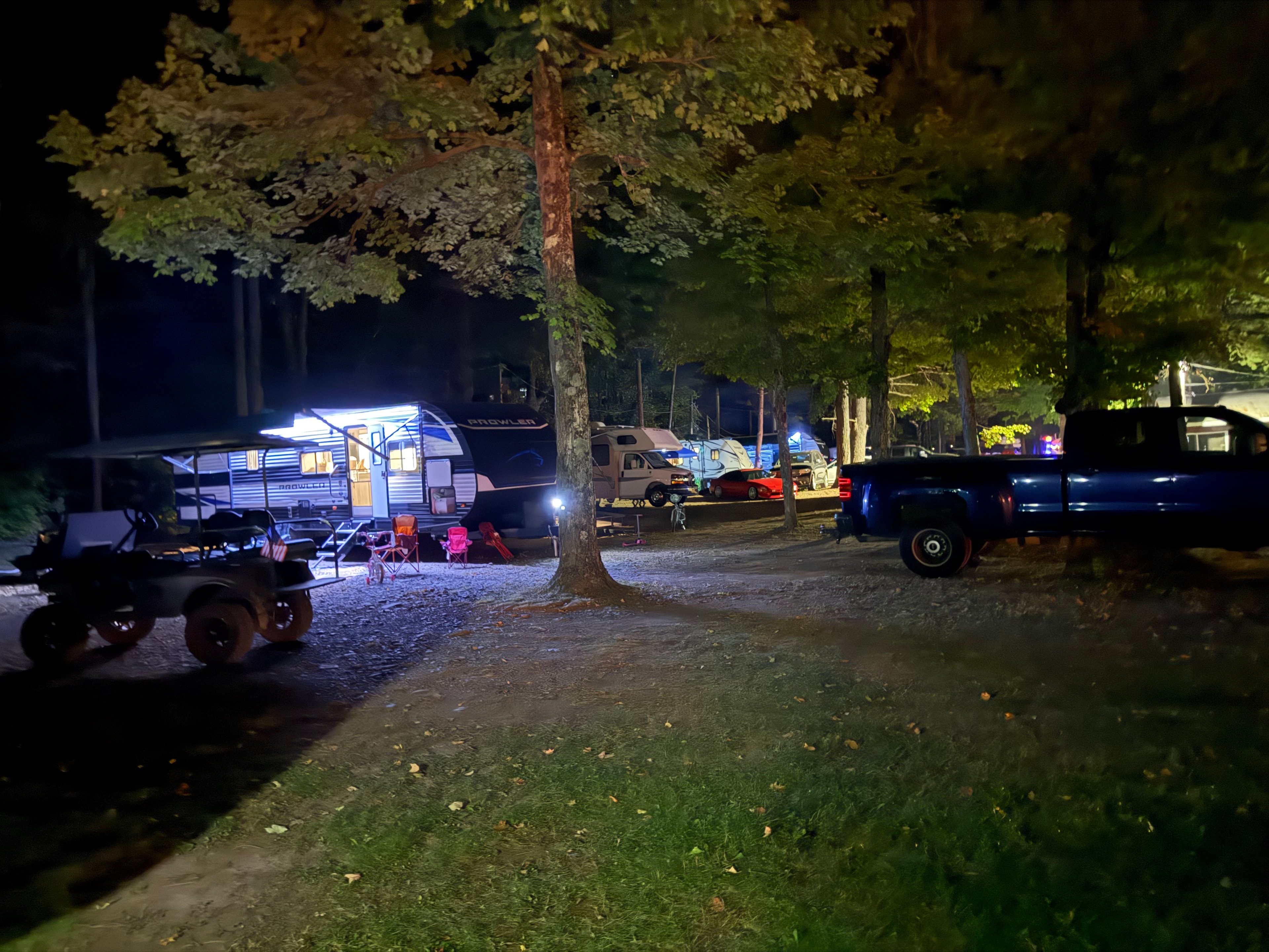 Campground lit up at night