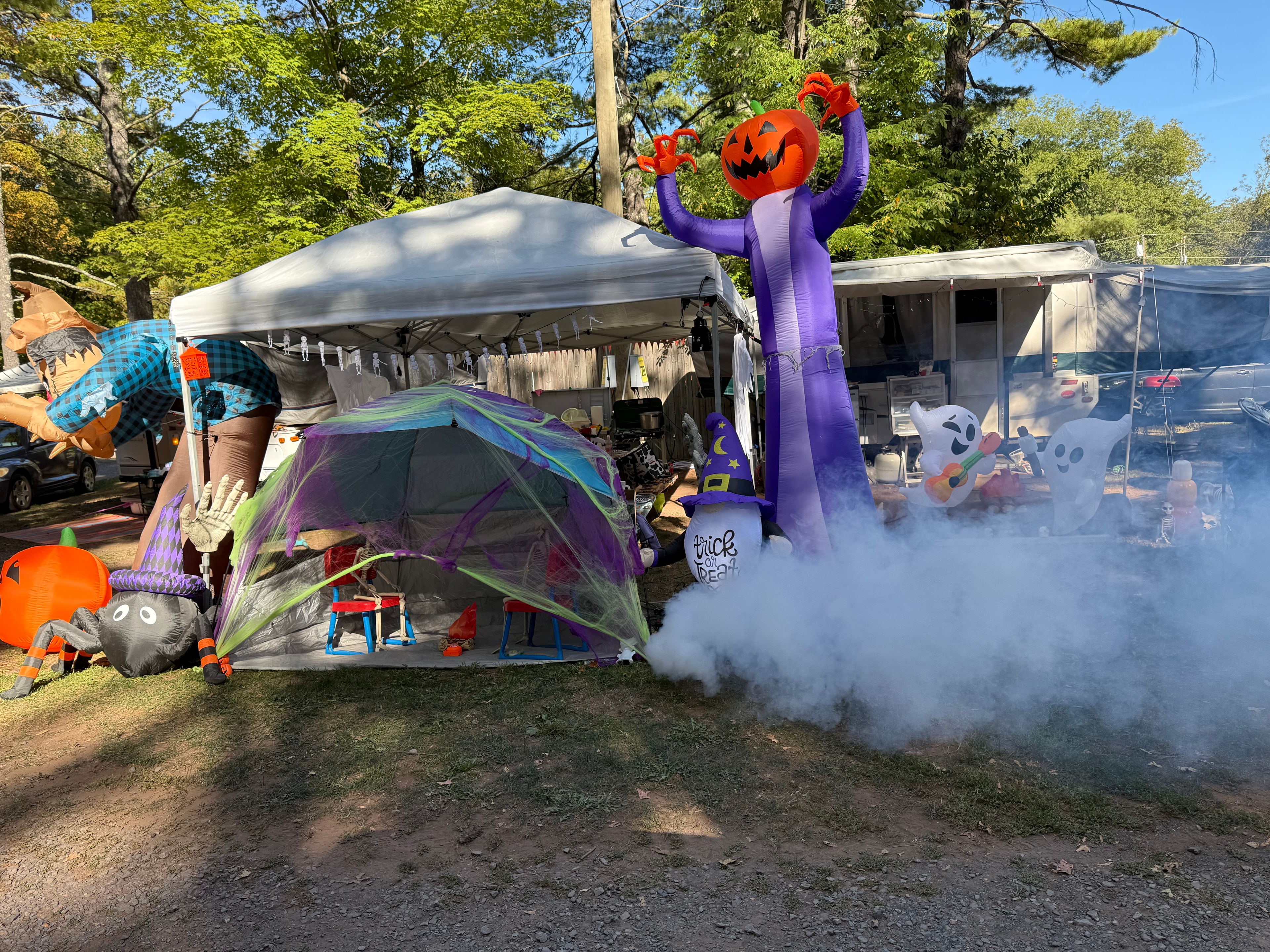 Giant pumpkin man with fog machine