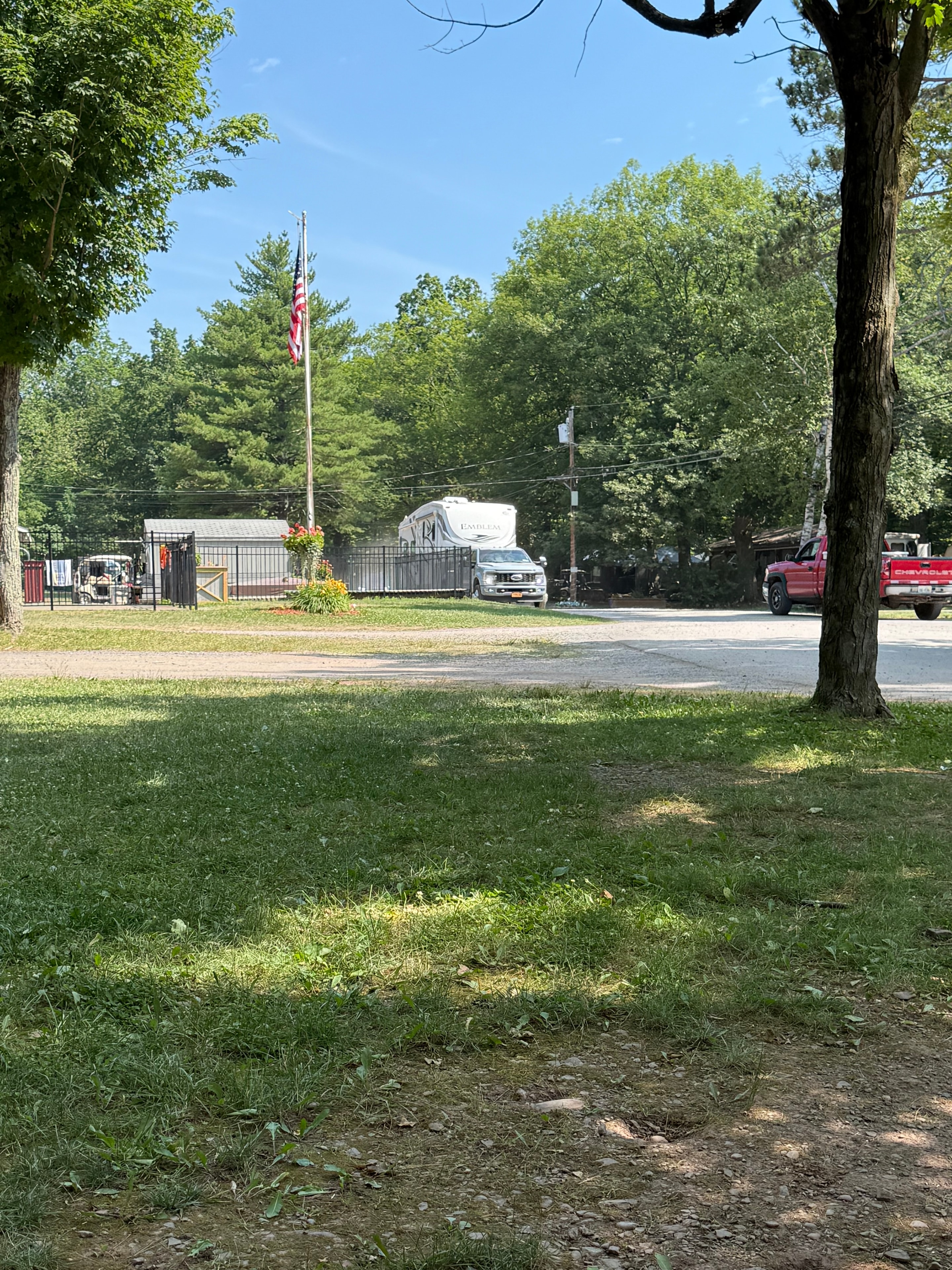 Campground road with American flag