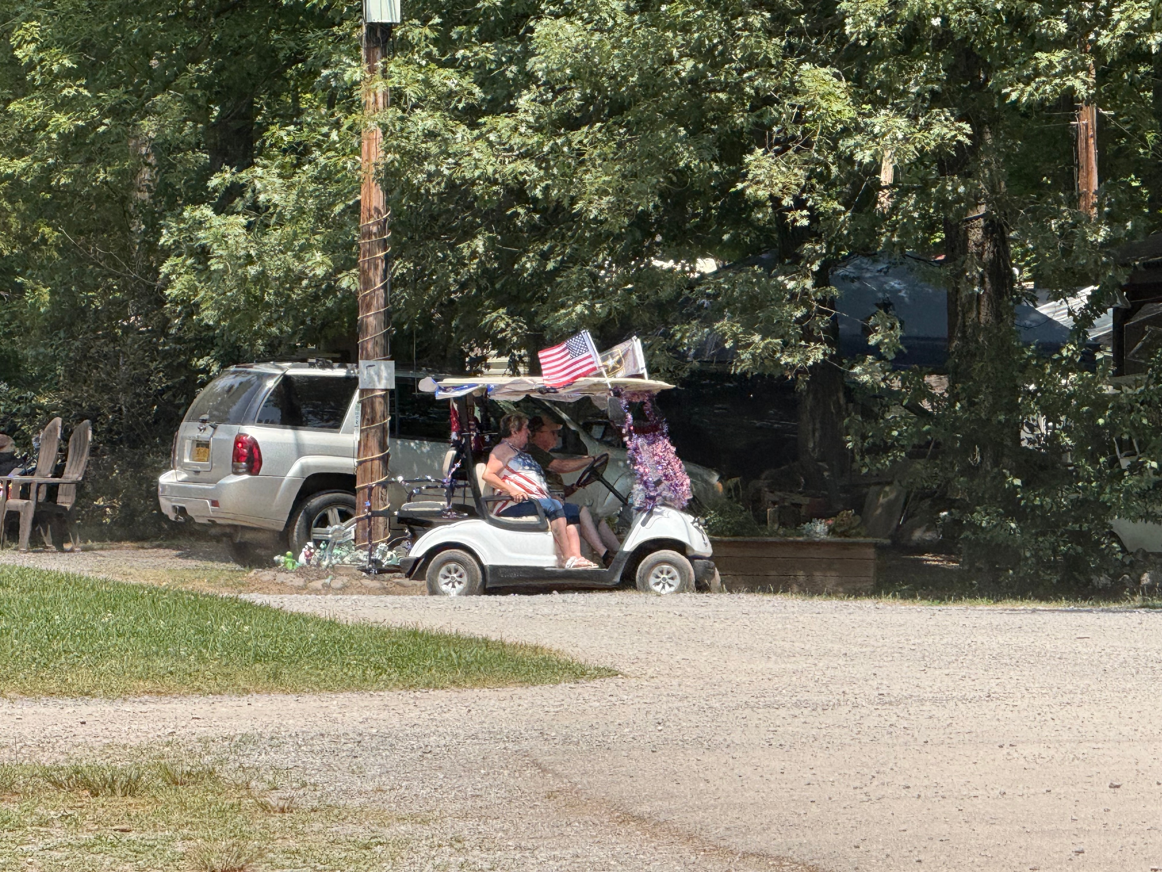 White golf cart with flags in the parade