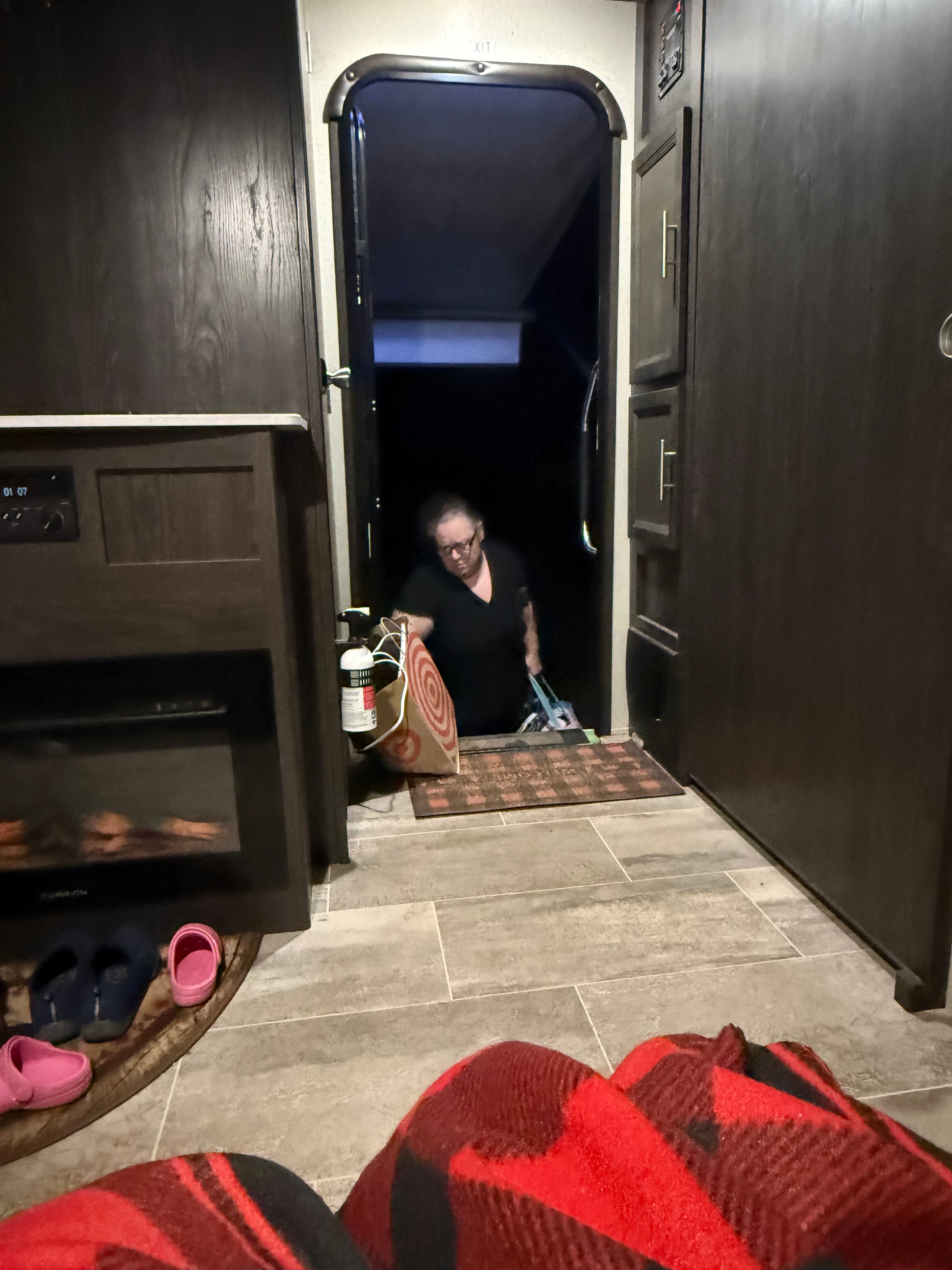 Laughing inside the RV at night