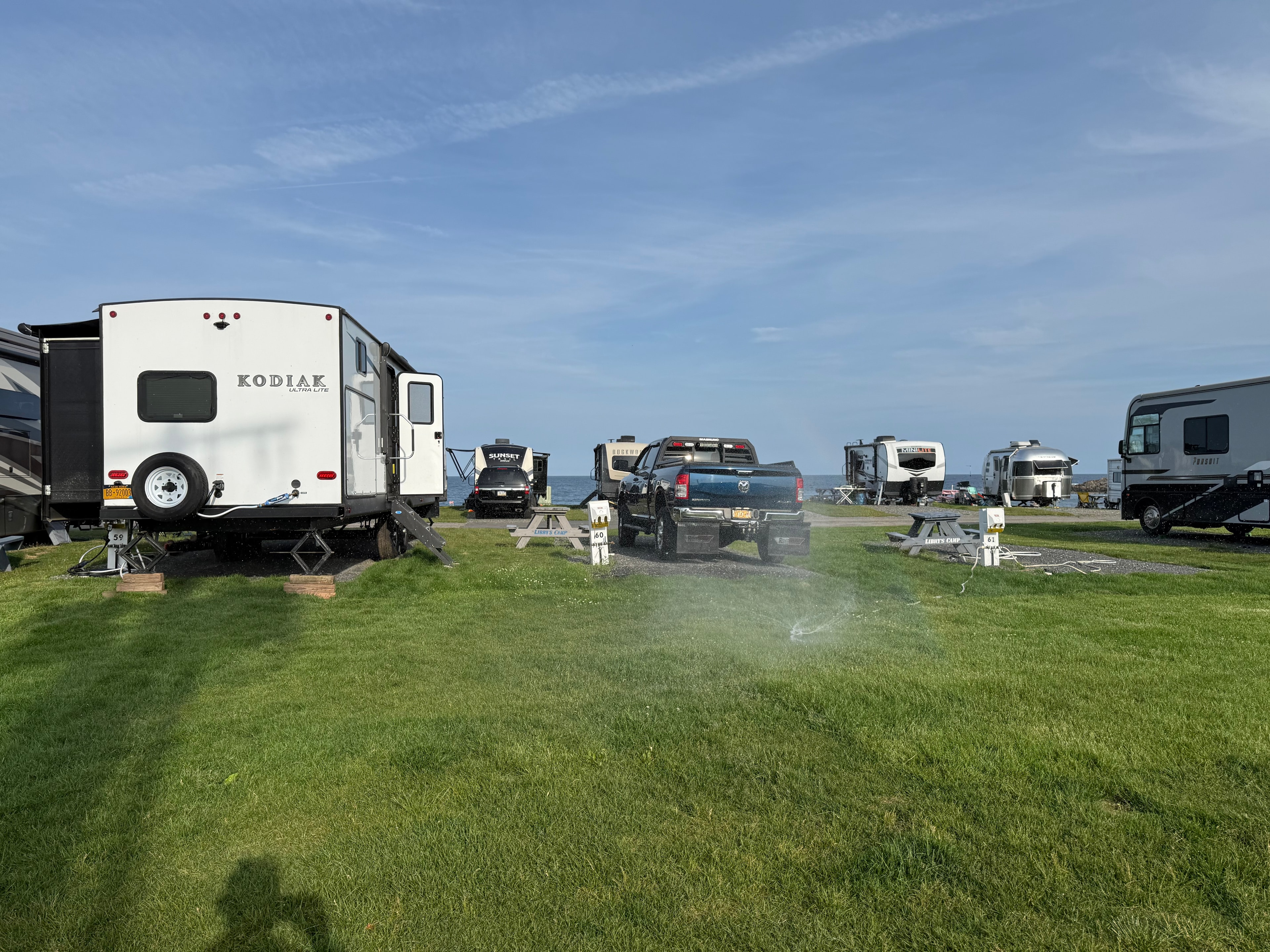 Kodiak at the oceanside campground with sprinklers